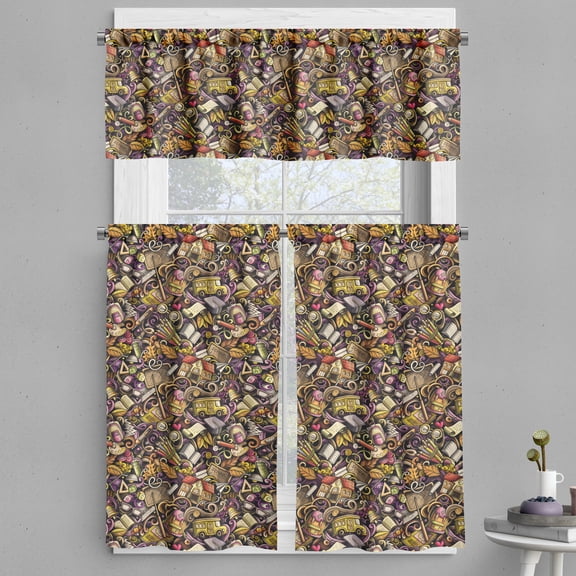 Ambesonne School Bus Valance & Curtain, Complex Cartoon Style, 55"x24", Plum Umber