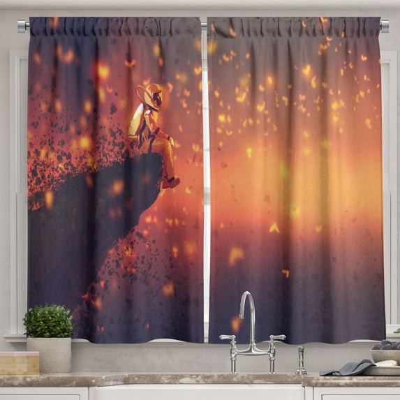 Ambesonne Sci-Fi Kitchen Curtains, Lonely Astronaut on a Cliff, 55"x36", Marigold and Eggplant