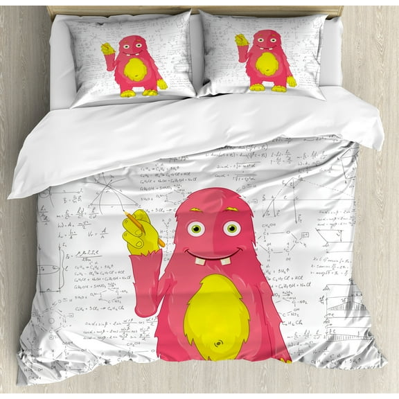 Ambesonne Science Duvet Cover Set, Funny Smart Monster, Calking, Yellow White and Pink