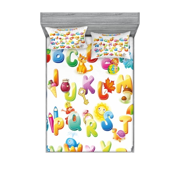 Ambesonne Science Fitted Sheet & Pillow Sham Set, Cartoon Alphabet, Full, Multicolor