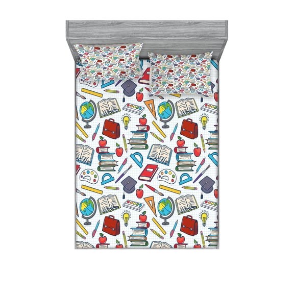 Ambesonne Science Fitted Sheet & Pillow Sham Set, Student Supplies, Queen, Multicolor