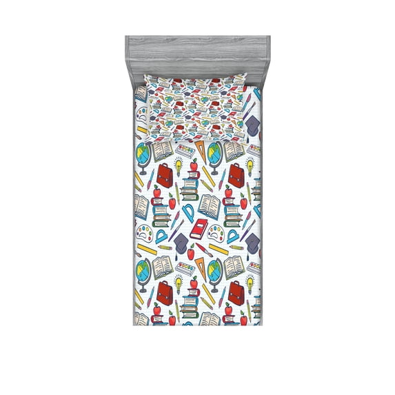 Ambesonne Science Fitted Sheet & Pillow Sham Set, Student Supplies, Twinxl, Multicolor