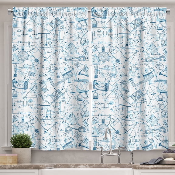 Ambesonne Science Kitchen Curtains, Physics Themed Drawing, 55"x45", Blue Pale Blue