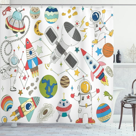 Ambesonne Science Party Shower Curtain, Astronauts at Space, 69"Wx70"L, White Multicolor