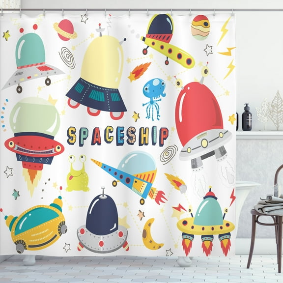 Ambesonne Science Party Shower Curtain, Spaceships and Aliens, 69"Wx75"L, White Multicolor