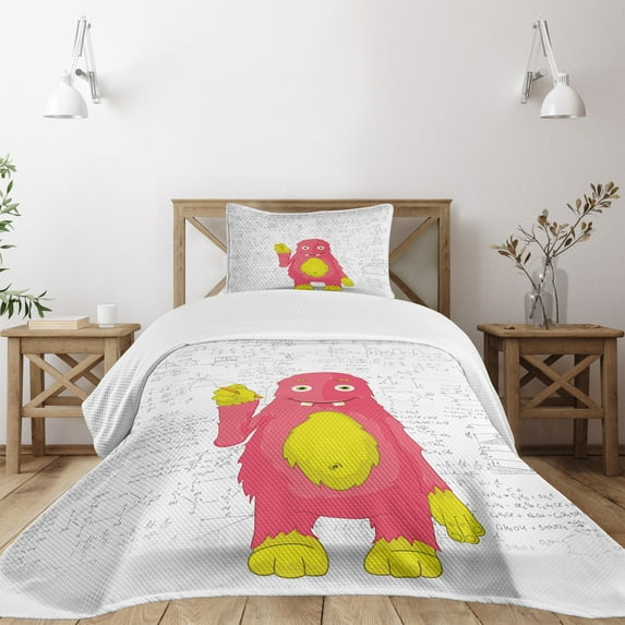 Ambesonne Science Quilted Bedspread Set 2 Pcs, Funny Smart Monster, Twin Size, Yellow White and Pink