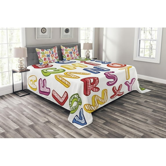 Ambesonne Science Quilted Bedspread Set 3 Pcs, 3D Letters ABC, Queen Size, Multicolor