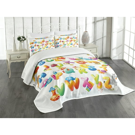 Ambesonne Science Quilted Bedspread Set 3 Pcs, Cartoon Alphabet, Queen Size, Multicolor