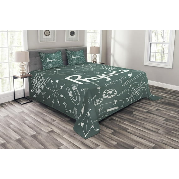 Ambesonne Science Quilted Bedspread Set 3 Pcs, Physics and Math, King Size, Army Green White