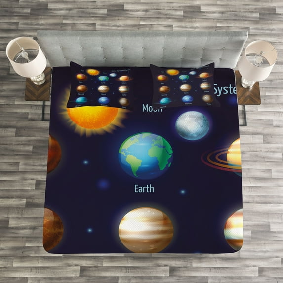 Ambesonne Science Quilted Bedspread Set 3 Pcs, Solar System and Sun, Queen Size, Multicolor