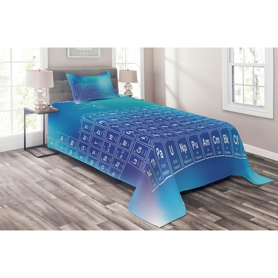 Ambesonne Science Quilted Coverlet 2 Pcs, Chemistry Element Table, Twin Size, Pale Blue Aqua Sky
