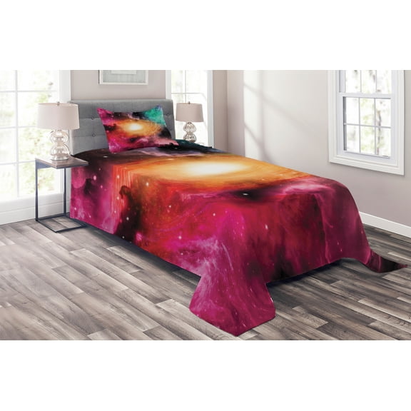 Ambesonne Science Quilted Coverlet 2 Pcs, Galaxy Stardust Cosmos, Twin Size, Pink Orange Green