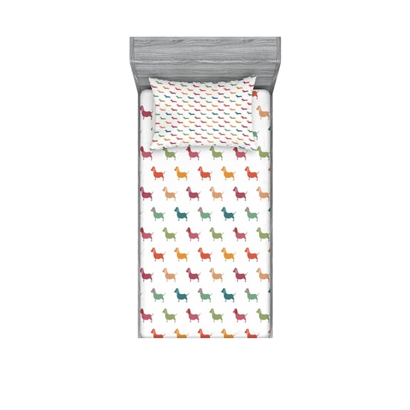 Ambesonne Scottie Dog Fitted Sheet & Pillow Sham Set, Little Dachshund Breeds, Twinxl, Multicolor