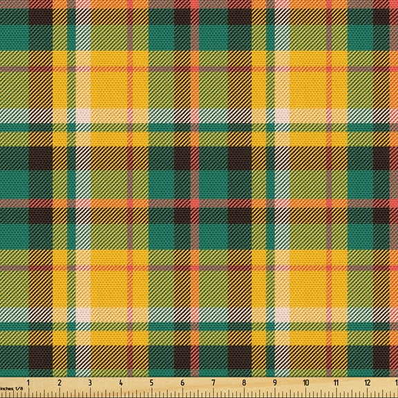 Ambesonne Scottish Tartan Fabric by the Yard Upholstery, Vintage Plaid Art, 5 Yards, Orange Forest Green and Teal