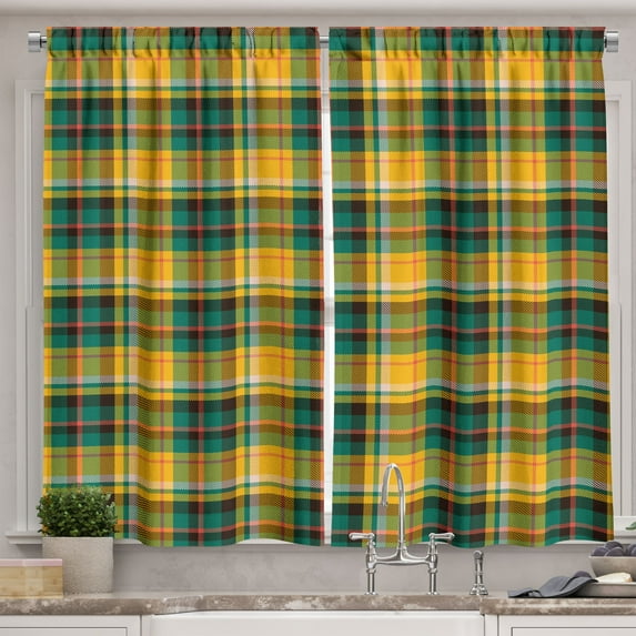Ambesonne Scottish Tartan Kitchen Curtains, Vintage Plaid Art, 55"x45", Orange Forest Green and Teal