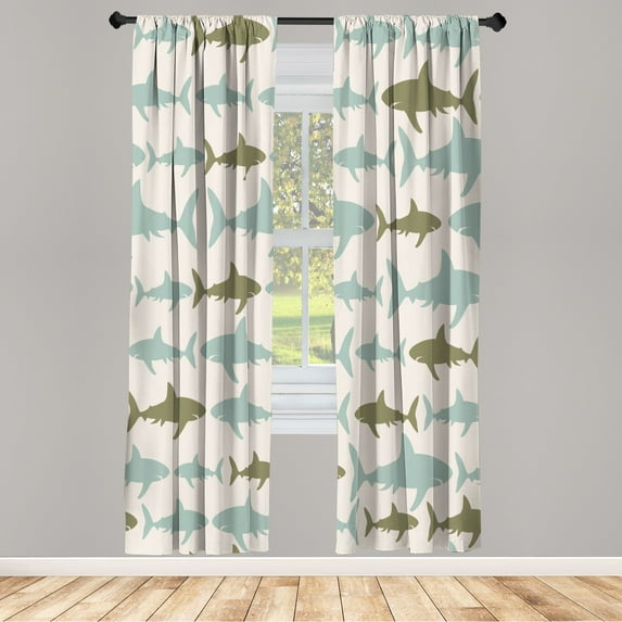Ambesonne Sea Animals Curtains, Monochrome Shark Art, Pair of 28"x84", Laurel Green