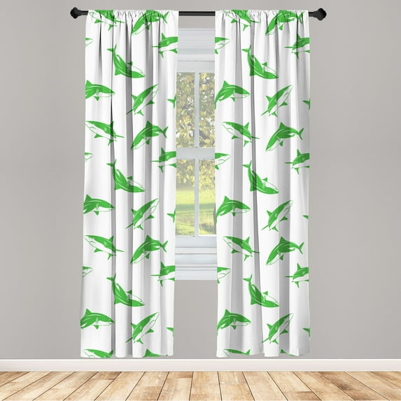 Ambesonne Sea Animals Curtains, Print of Cartoon Sharks, Pair of 28"x95", Lime Green