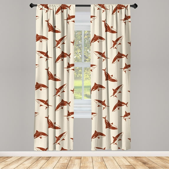 Ambesonne Sea Animals Curtains, Print of Cartoon Sharks, Pair of 28"x95", Pale Caramel