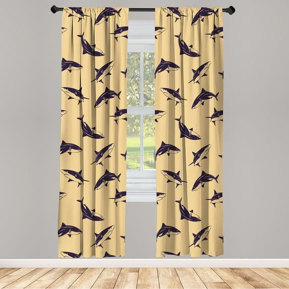 Ambesonne Sea Animals Curtains, Print of Cartoon Sharks, Pair of 28"x95", Sand Brown