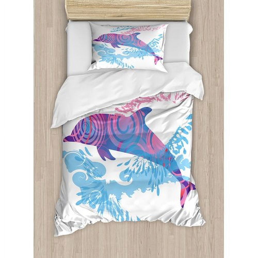 Twin Blue and Purple Dolphin Pattern Duvet Cover Set