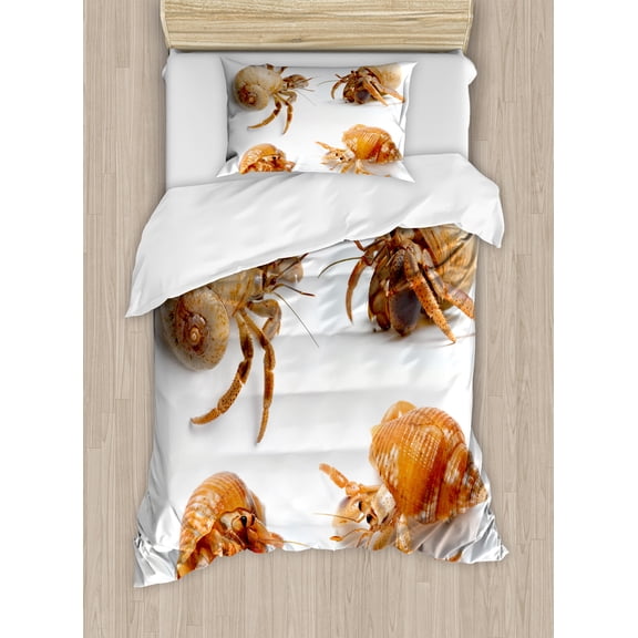 Ambesonne Sea Animals Duvet Cover Sets, Hermit Crabs Pattern, 2-Twin, Marigold and White