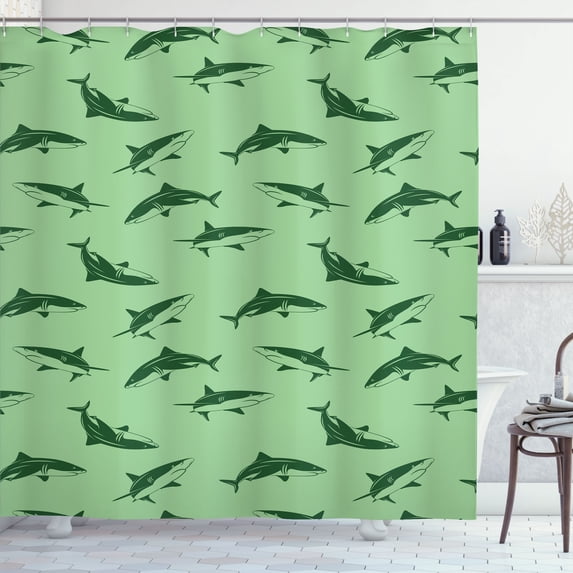 Ambesonne Sea Animals Shower Curtain, Cartoon Sharks Swimming, 69"Wx75"L, Fern Green