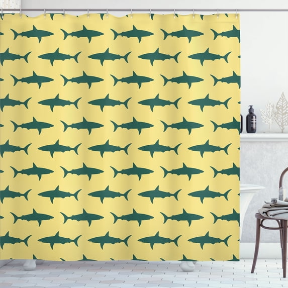 Ambesonne Sea Animals Shower Curtain, Shark Silhouettes Wild, 69"Wx70"L, Cream and Forest Green