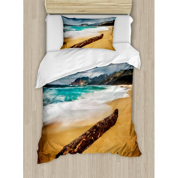 Ambesonne Sea Duvet Cover Set, Beach with Stormy Weather, Twin, Blue and Ginger