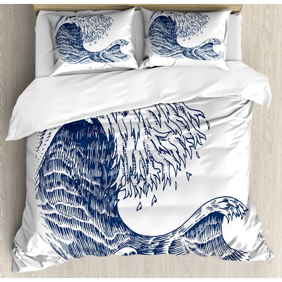Ambesonne Sea Duvet Cover Set, Hokusai Inspired Wave Sketch, 2-Calking, Night Blue