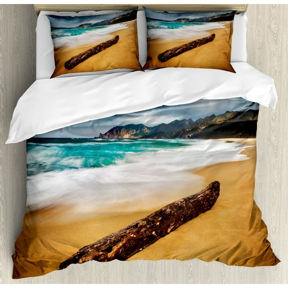 Ambesonne Sea Duvet Cover Sets, Beach with Stormy Weather, 2-Queen, Blue and Ginger