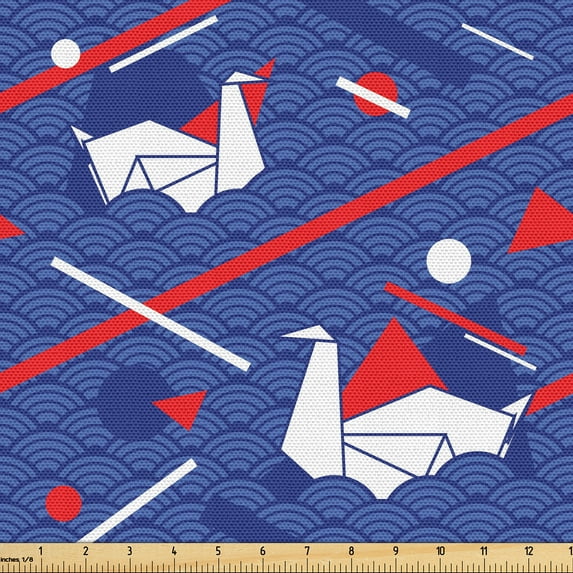 Ambesonne Sea Fabric by the Yard Upholstery, Origami Swans Seigaiha Waves, 1 Yard, Vermilion Persian Blue