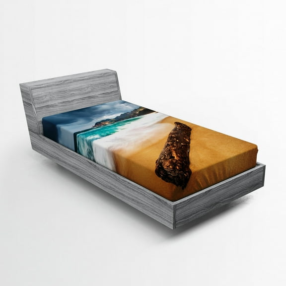 Ambesonne Sea Fitted Sheet, Beach with Stormy Weather, Twin XL Size, Blue and Ginger