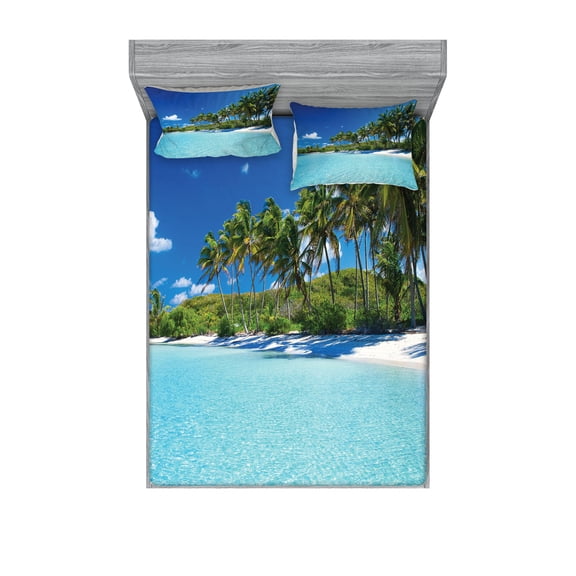 Ambesonne Sea Fitted Sheet & Pillow Sham Set, Relax Beach Resort Spa, Full, Turquoise Blue Green