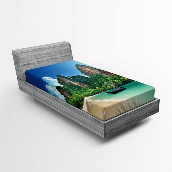 Ambesonne Sea Fitted Sheet, Thailand Rock Cliff Beach, Twin XL Size, Blue Green