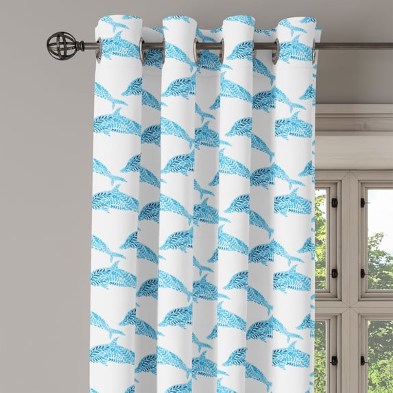Ambesonne Sea Grommet Curtain Single Panel, Aqua Dolphins Leaves, 50"x60", Blue White