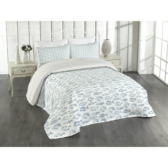 Ambesonne Sea Life Quilted Coverlet 3 Pcs, Outline Design Fish Design, King Size, Dark Sky Blue White