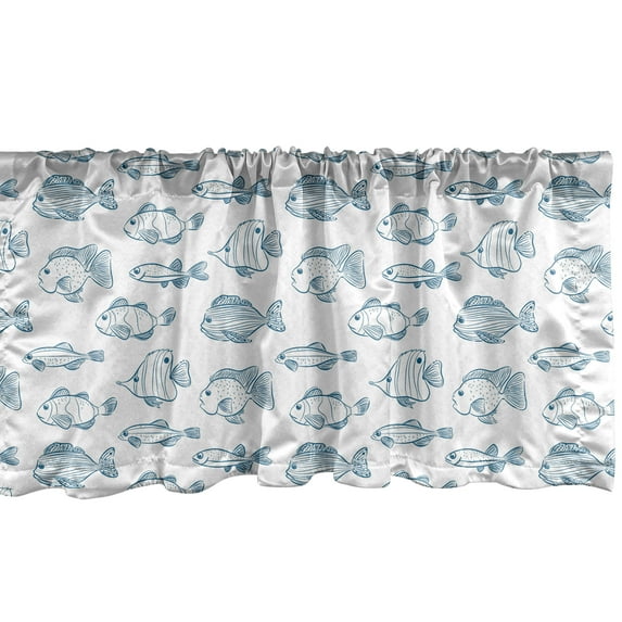 Ambesonne Sea Life Window Valance, Outline Design Fish Design, 54" X 12", Dark Sky Blue White