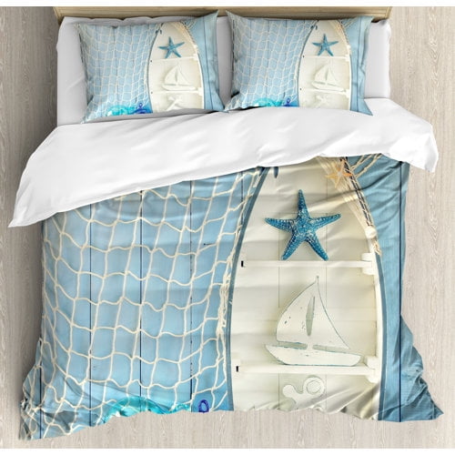 Ambesonne Sea Objects on Wooden with Vintage Boat Starfish Shell Fishing Net Photo Duvet Cover Set
