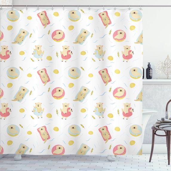 Ambesonne Sea Otter Shower Curtain, Holiday Relaxing Beavers, 69"Wx70"L, White Beige and Pink
