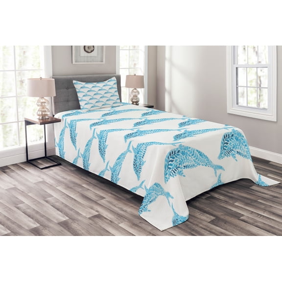 Ambesonne Sea Quilted Bedspread Set 2 Pcs, Aqua Dolphins Leaves, Twin Size, Blue White