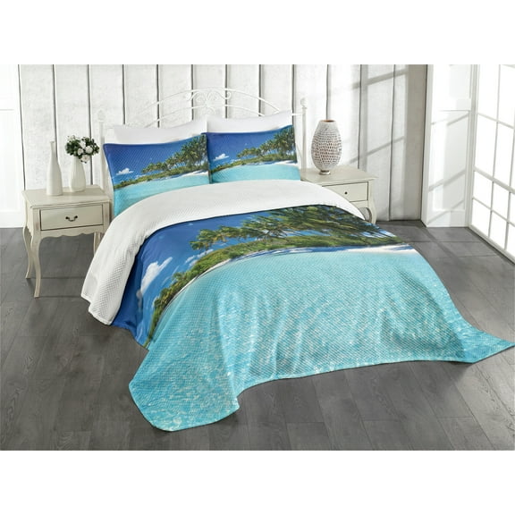 Ambesonne Sea Quilted Bedspread Set 3 Pcs, Relax Beach Resort Spa, Queen Size, Turquoise Blue Green