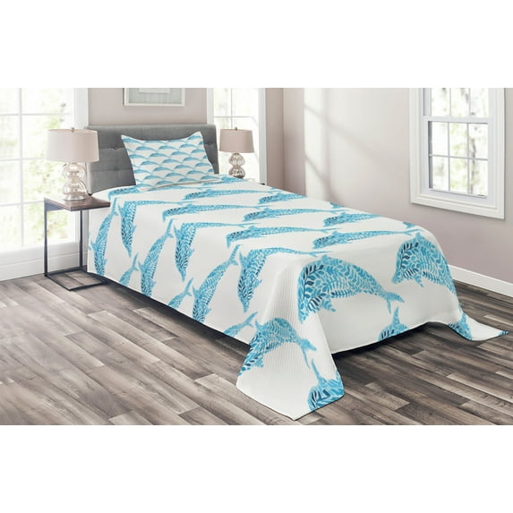 Ambesonne Sea Quilted Coverlet 2 Pcs, Aqua Dolphins Leaves, Twin Size, Blue White