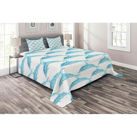 Ambesonne Sea Quilted Coverlet 3 Pcs, Aqua Dolphins Leaves, Queen Size, Blue White