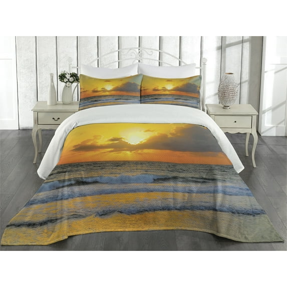 Ambesonne Sea Quilted Coverlet 3 Pcs, Sunset Beach in Brazil City, King Size, Orange Grey