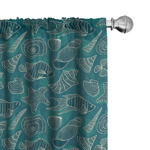 Ambesonne Sea Shells Window Curtains, Ocean Line Design, Each 28" W x 84" L, Petrol Blue Teal Beige