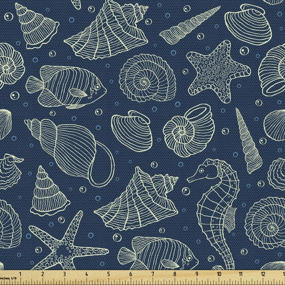 Ambesonne Sea Shells Fabric by the Yard Upholstery, Marine Inhabitants, 3 Yards, Dark Blue Beige