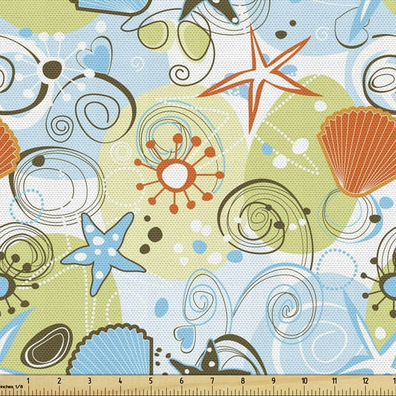 Ambesonne Sea Shells Fabric by the Yard Upholstery, Retro Beach Pattern, 10 Yards, Multicolor