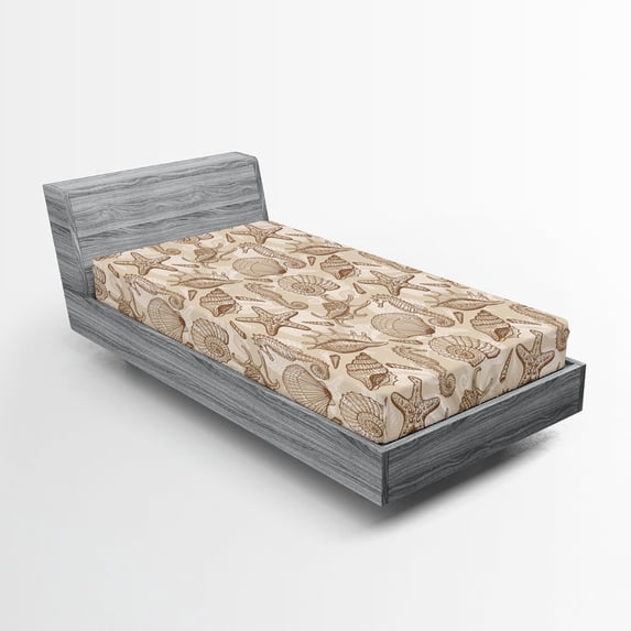 Ambesonne Sea Shells Fitted Sheet 2 Pcs Set, Vintage Ocean Design, Twin, Tan Brown