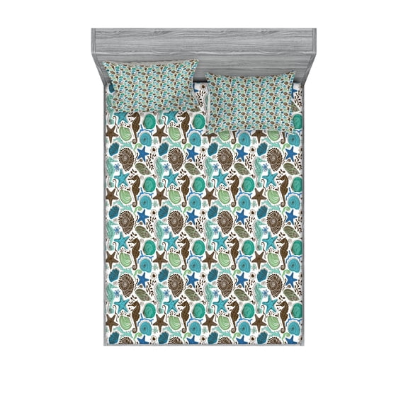 Ambesonne Sea Shells Fitted Sheet & Pillow Sham Set, Abstract Maritime, Full, Seafoam Brown Blue