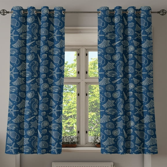Ambesonne Sea Shells Grommet Curtain, Marine Inhabitants, 50" x 54", Dark Blue Beige
